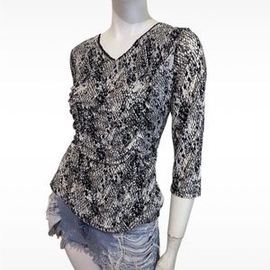 Vintage 90s Y2K Snake Print 3/4 Sleeve Sequin Trim Mesh Top Sz S